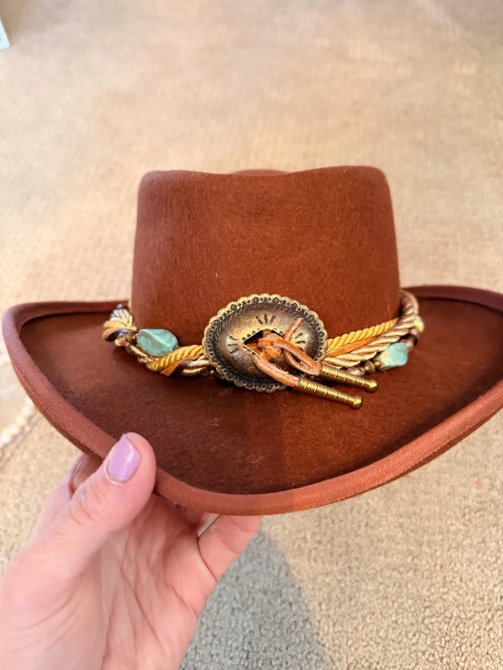 Vintage Wool  Hat with Turquoise Stone and Gold Braided Accessory - Picture 2 of 7